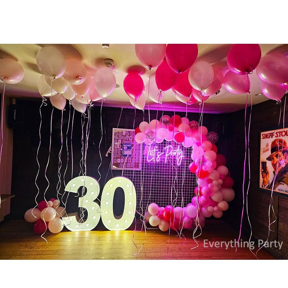 30th Birthday Balloon Garland with 2m Circle Mesh Stand Neon Sign and LED Number