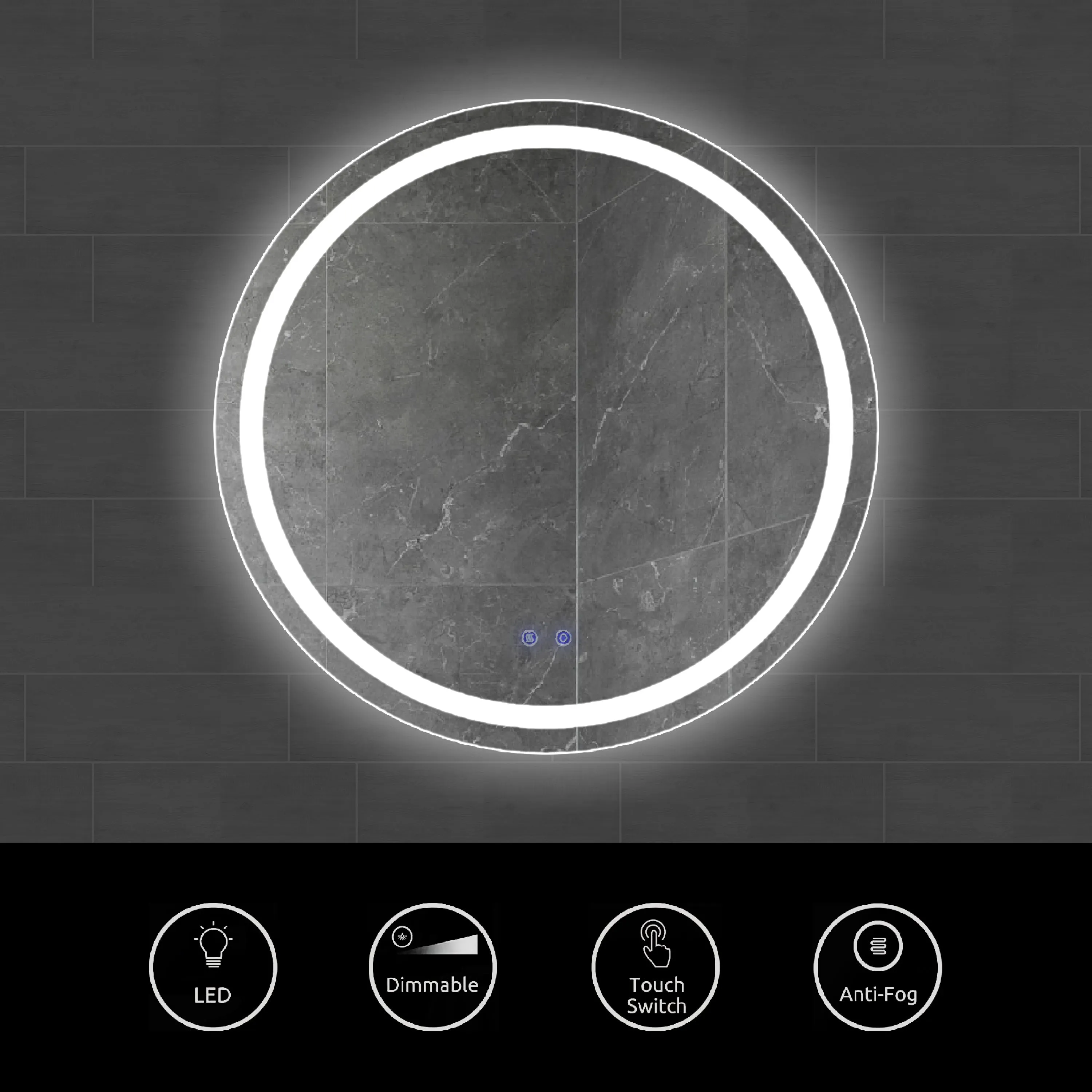 32 x 32 Inch Round Frameless LED Illuminated Bathroom Mirror, Touch Button Defogger, Metal, Frosted Edges, Silver