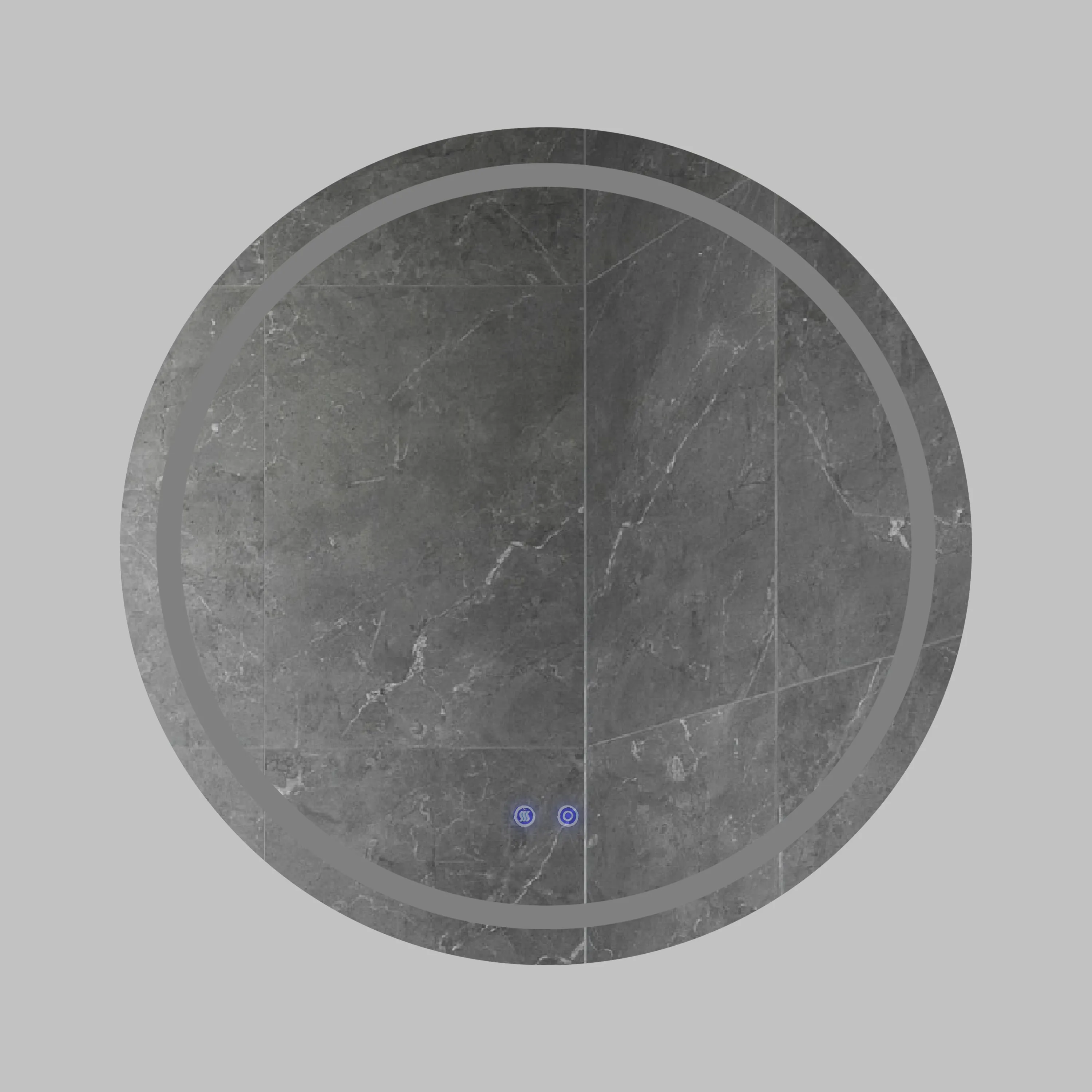 32 x 32 Inch Round Frameless LED Illuminated Bathroom Mirror, Touch Button Defogger, Metal, Frosted Edges, Silver