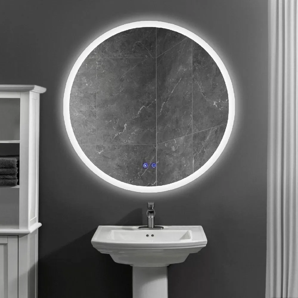 32 x 32 Inch Round Frameless LED Illuminated Bathroom Mirror, Touch Button Defogger, Metal, Silver By The Urban Port