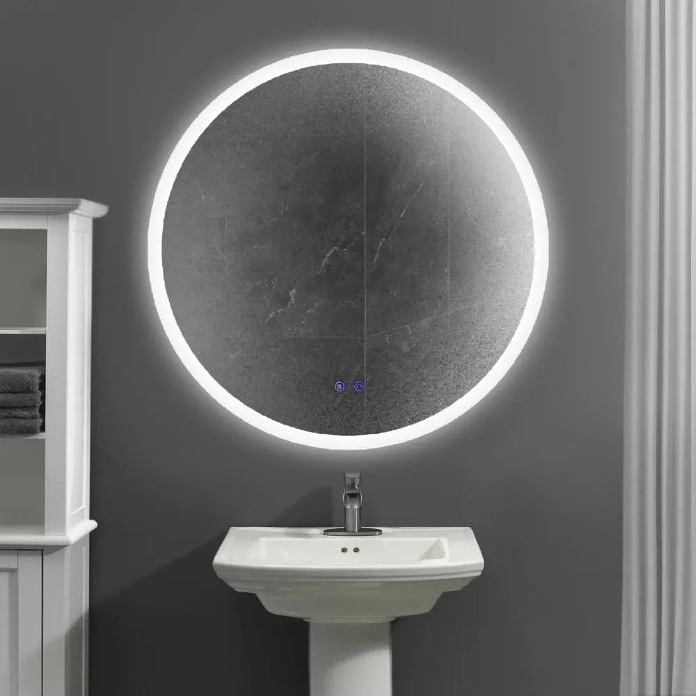 32 x 32 Inch Round Frameless LED Illuminated Bathroom Mirror, Touch Button Defogger, Metal, Silver By The Urban Port