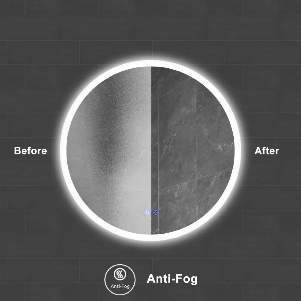 32 x 32 Inch Round Frameless LED Illuminated Bathroom Mirror, Touch Button Defogger, Metal, Silver By The Urban Port