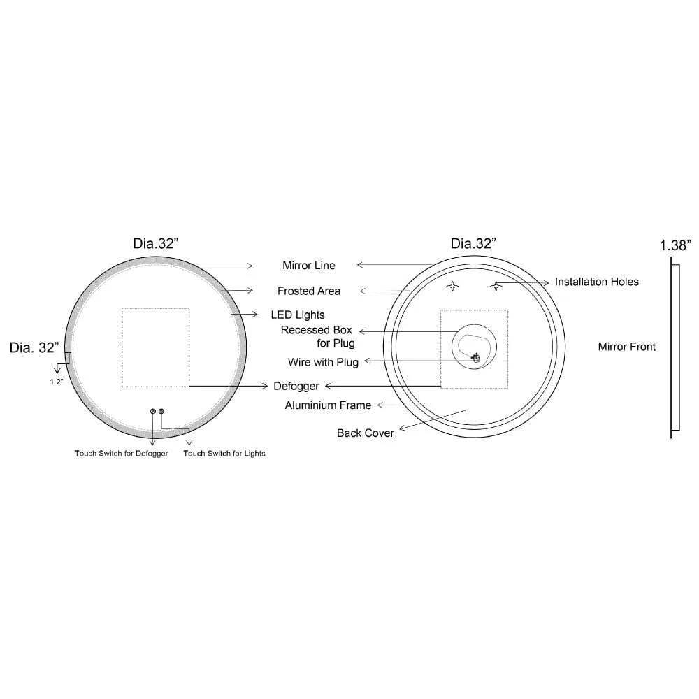 32 x 32 Inch Round Frameless LED Illuminated Bathroom Mirror, Touch Button Defogger, Metal, Silver By The Urban Port