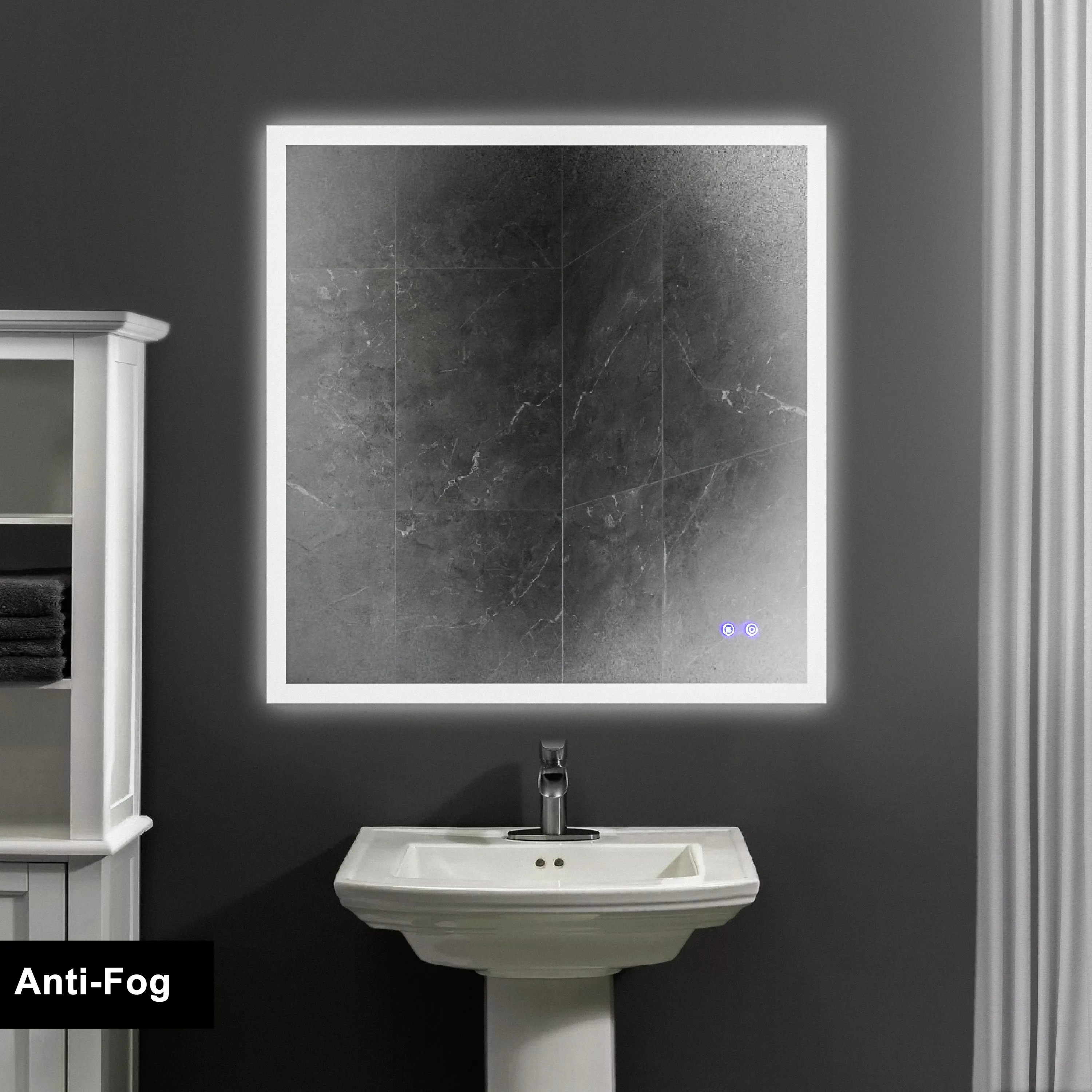 36 x 36 Inch Frameless LED Illuminated Bathroom Wall Mirror, Touch Button Defogger, Square, Silver