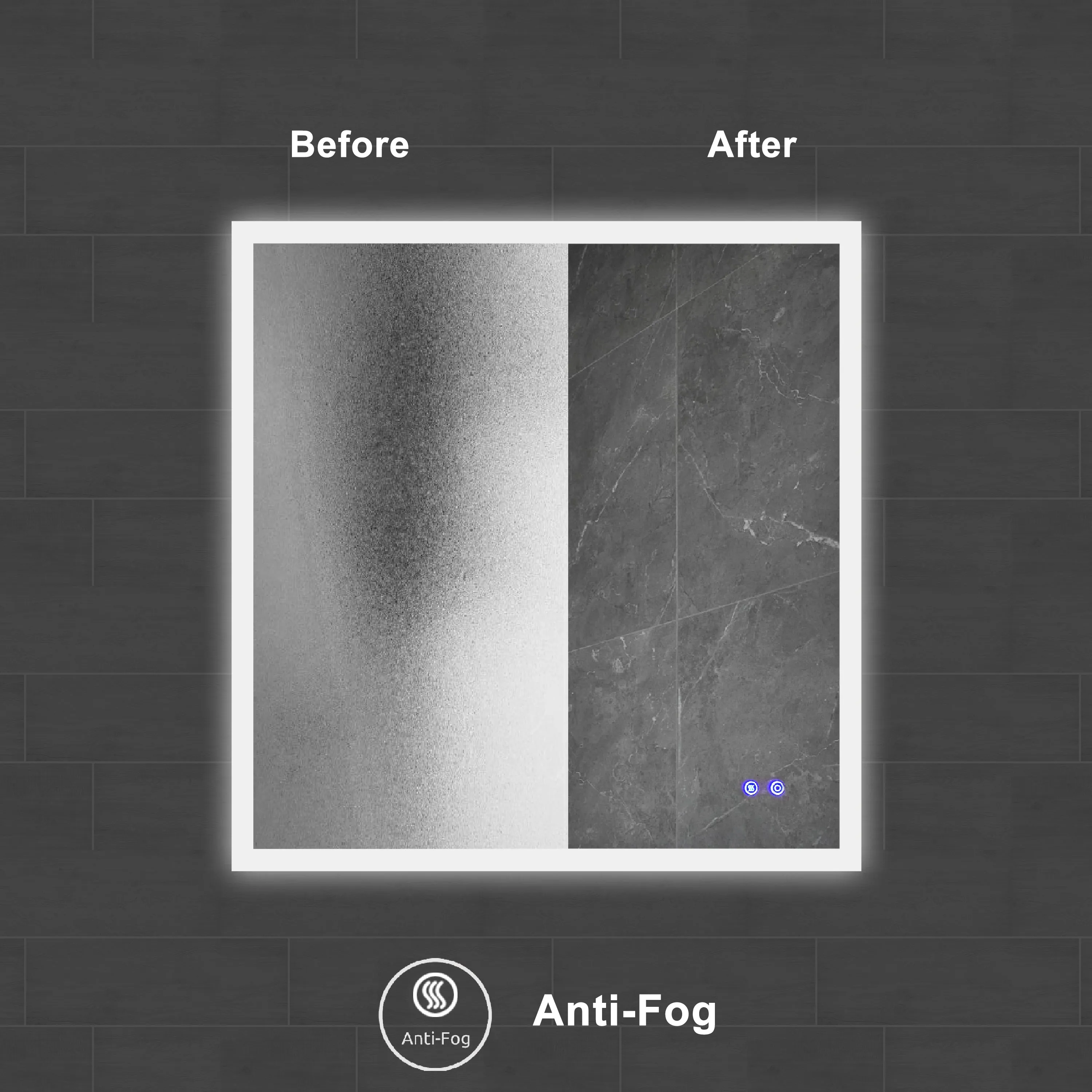 36 x 36 Inch Frameless LED Illuminated Bathroom Wall Mirror, Touch Button Defogger, Square, Silver