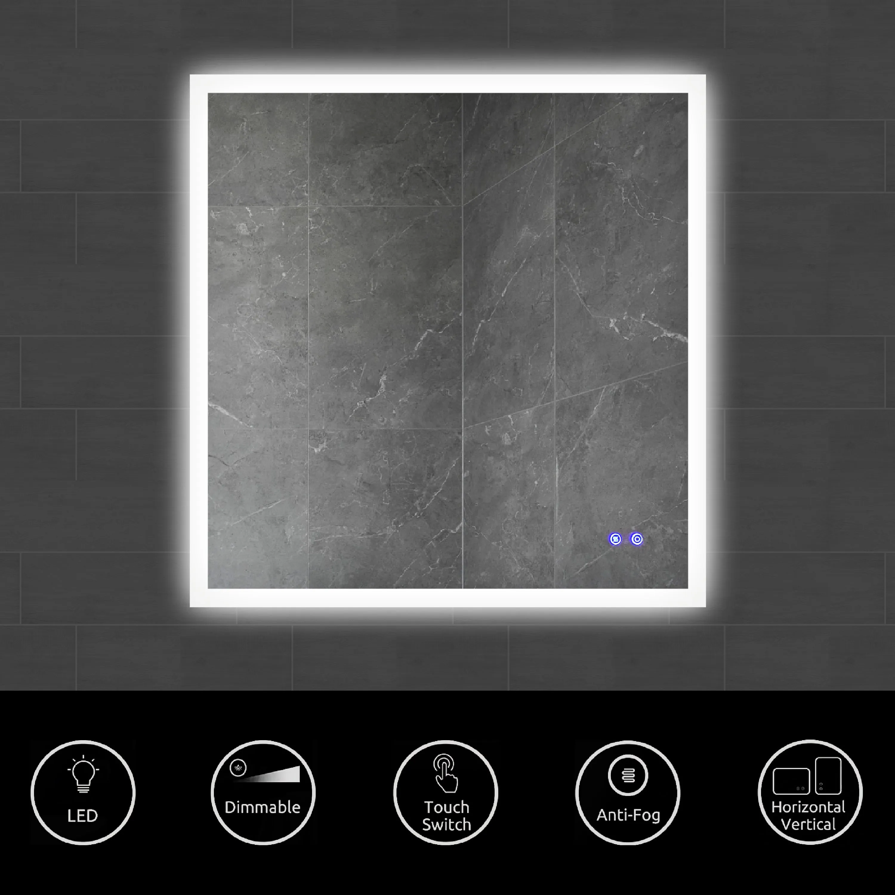 36 x 36 Inch Frameless LED Illuminated Bathroom Wall Mirror, Touch Button Defogger, Square, Silver