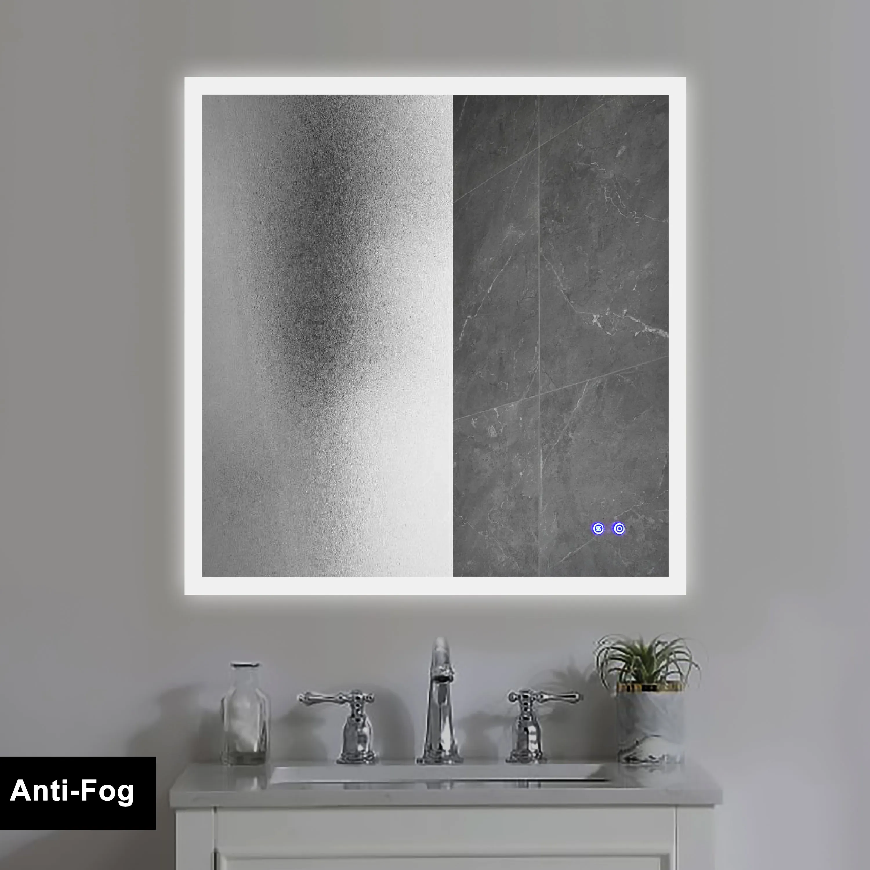 36 x 36 Inch Frameless LED Illuminated Bathroom Wall Mirror, Touch Button Defogger, Square, Silver
