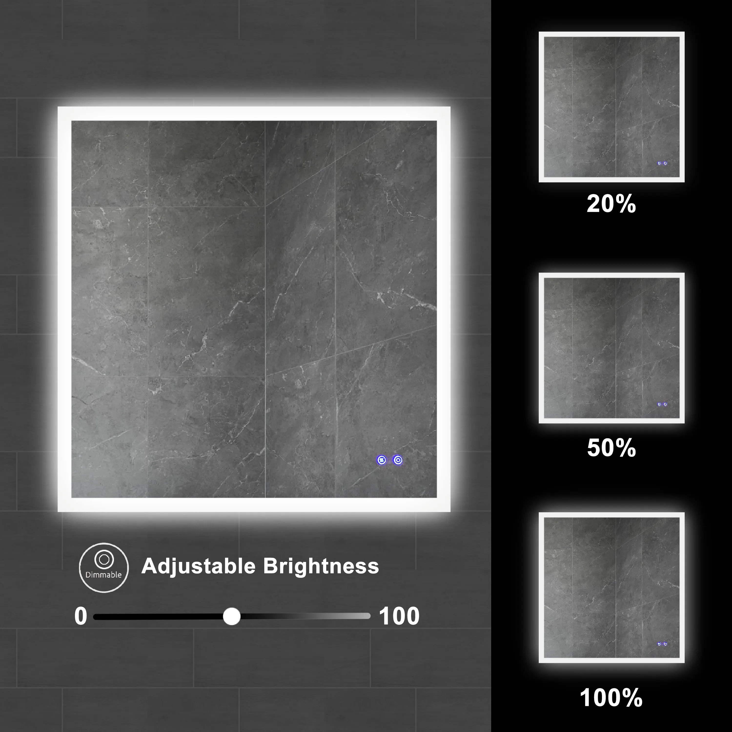 36 x 36 Inch Frameless LED Illuminated Bathroom Wall Mirror, Touch Button Defogger, Square, Silver