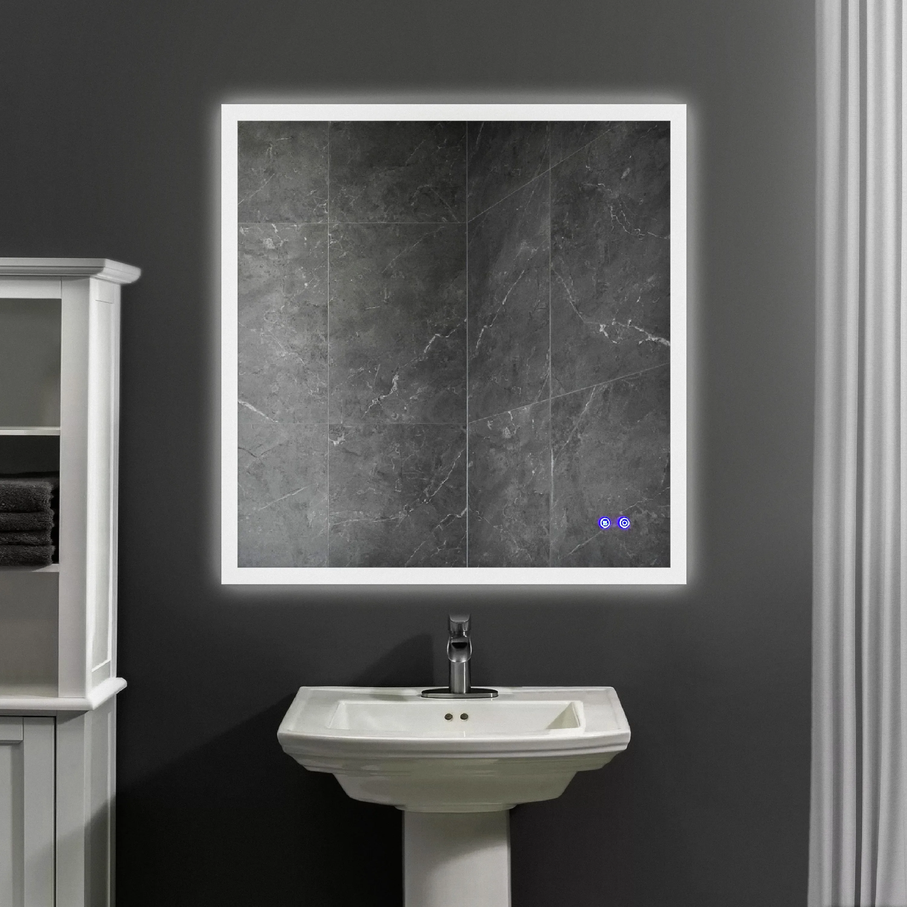 36 x 36 Inch Frameless LED Illuminated Bathroom Wall Mirror, Touch Button Defogger, Square, Silver