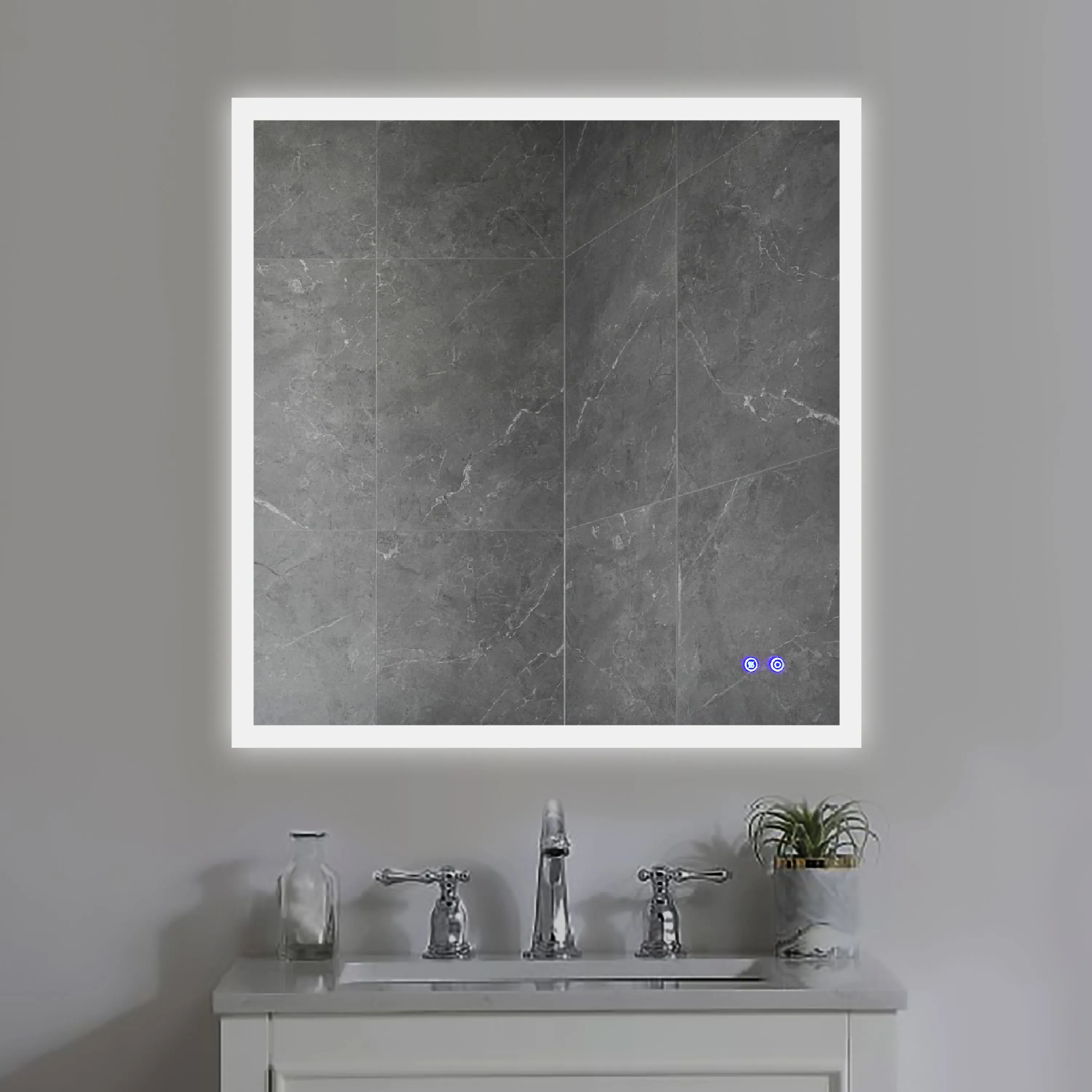 36 x 36 Inch Frameless LED Illuminated Bathroom Wall Mirror, Touch Button Defogger, Square, Silver