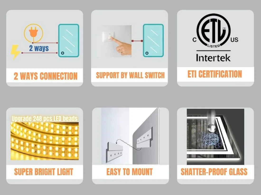 40 in. W x 24 in. H LED Large Rectangular Frameless Anti-Fog Bathroom Mirror Front & Backlit