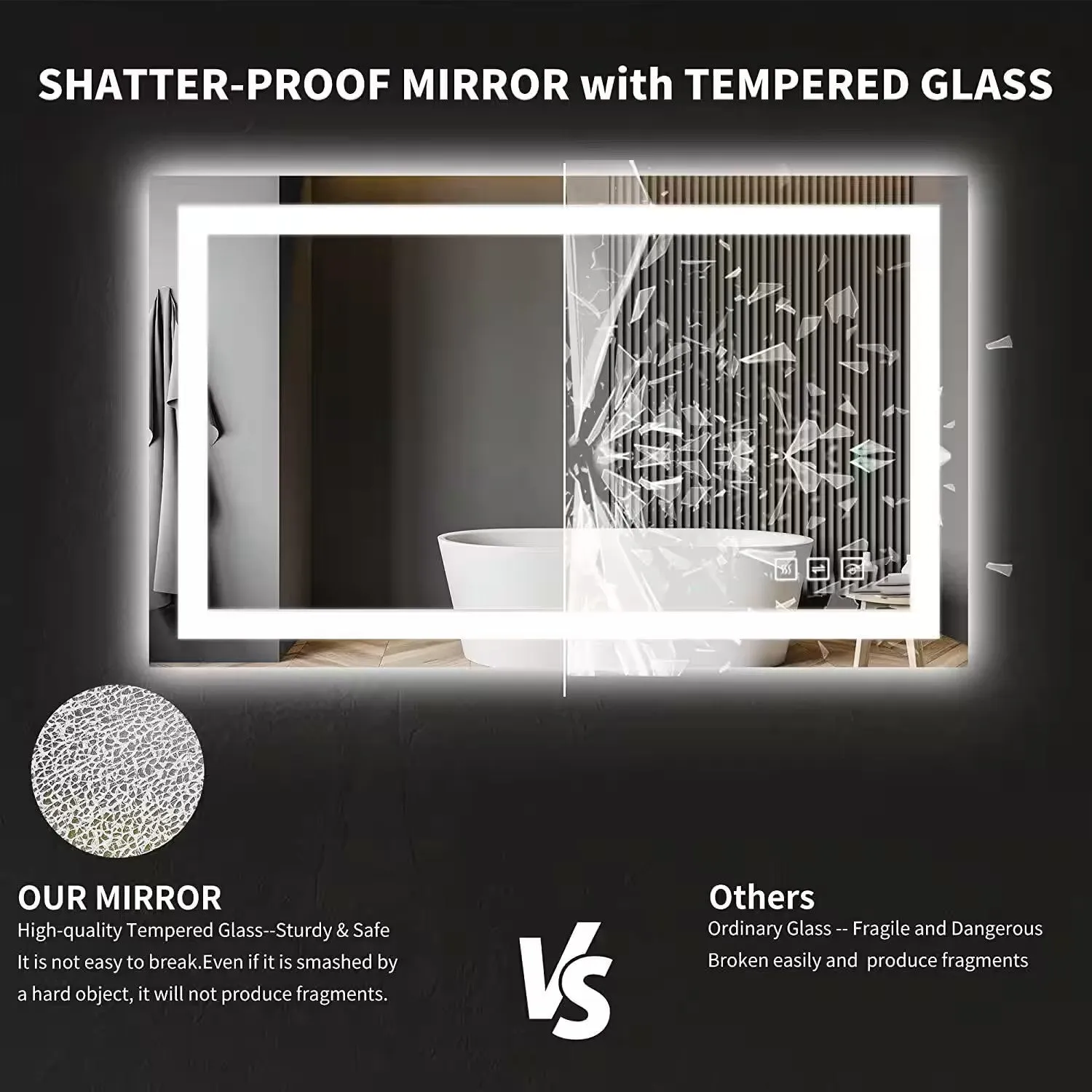 40 in. W x 24 in. H LED Large Rectangular Frameless Anti-Fog Bathroom Mirror Front & Backlit