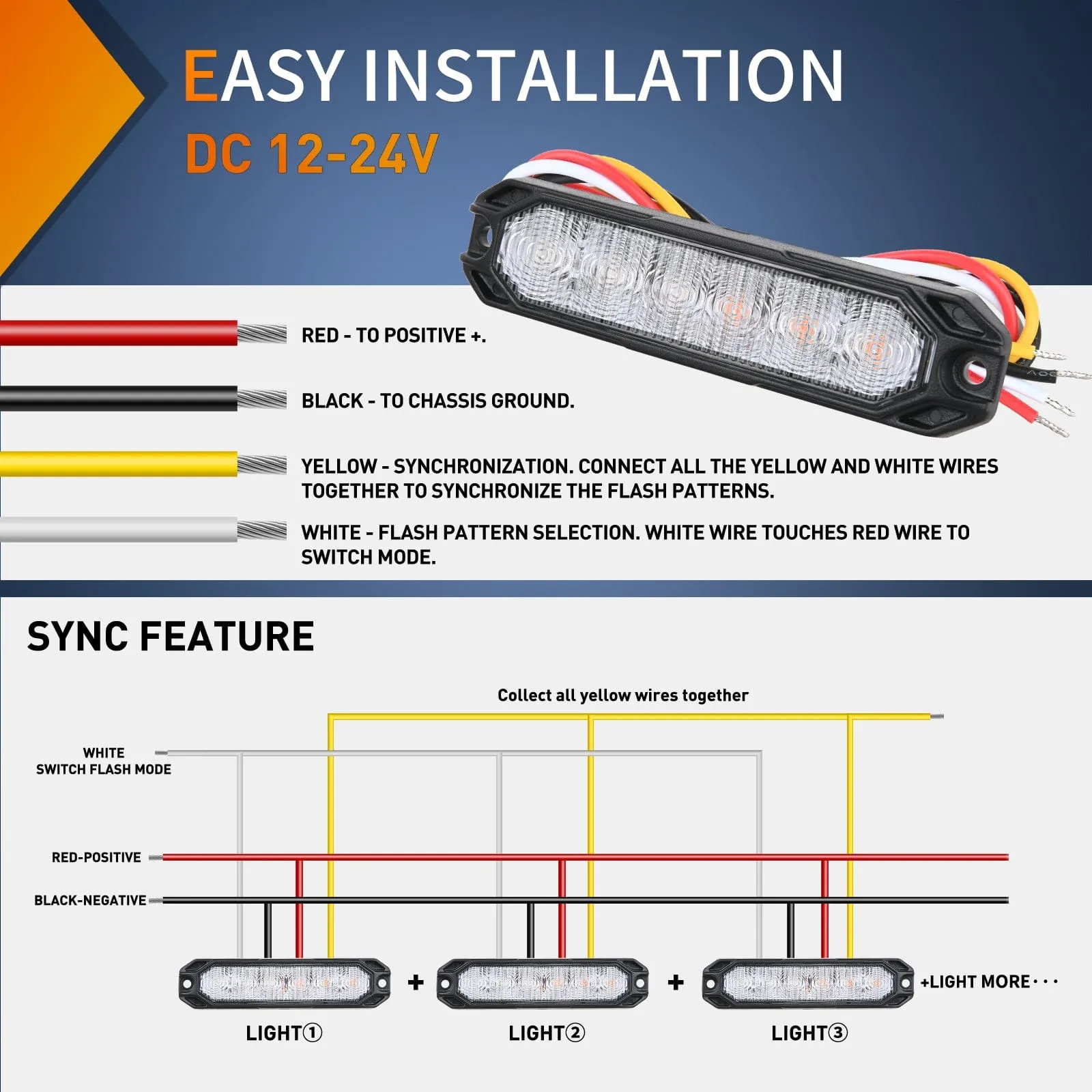 4PCS 6 LED Yellow and Blue Emergency Warning Strobe Lights