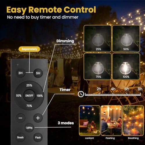 50FT Solar String Lights Outdoor Waterproof with Remote, G40 Solar Powered String Lights with 15 1 LED Shatterproof Bulbs, Dimmable Solar Patio Hanging Lights for Outside Backyard Party