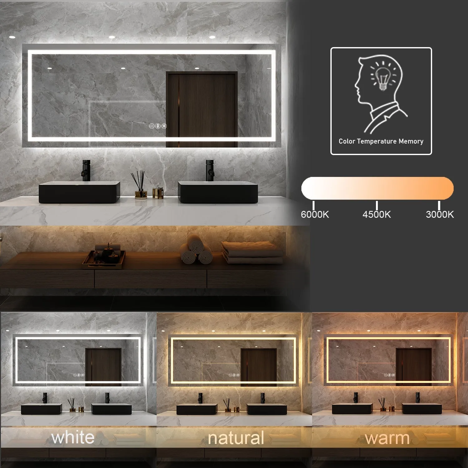 60 in. W x 28 in. H LED Large Rectangular Frameless Anti-Fog Bathroom Mirror Front & Backlit