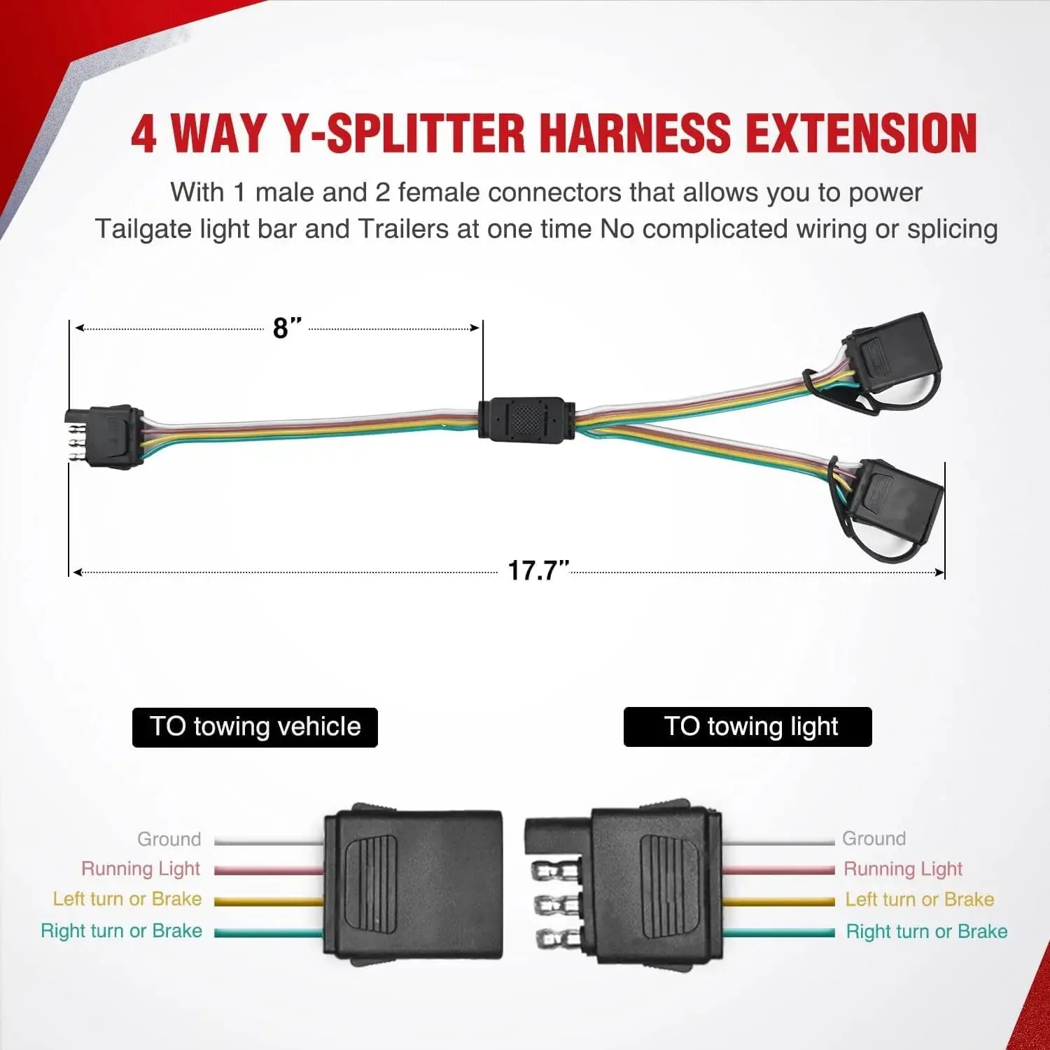 60 Inch 504Leds Red White Amber Triple Row LED Tailgate Light Strip 4Way Y-Splitter 3PCS