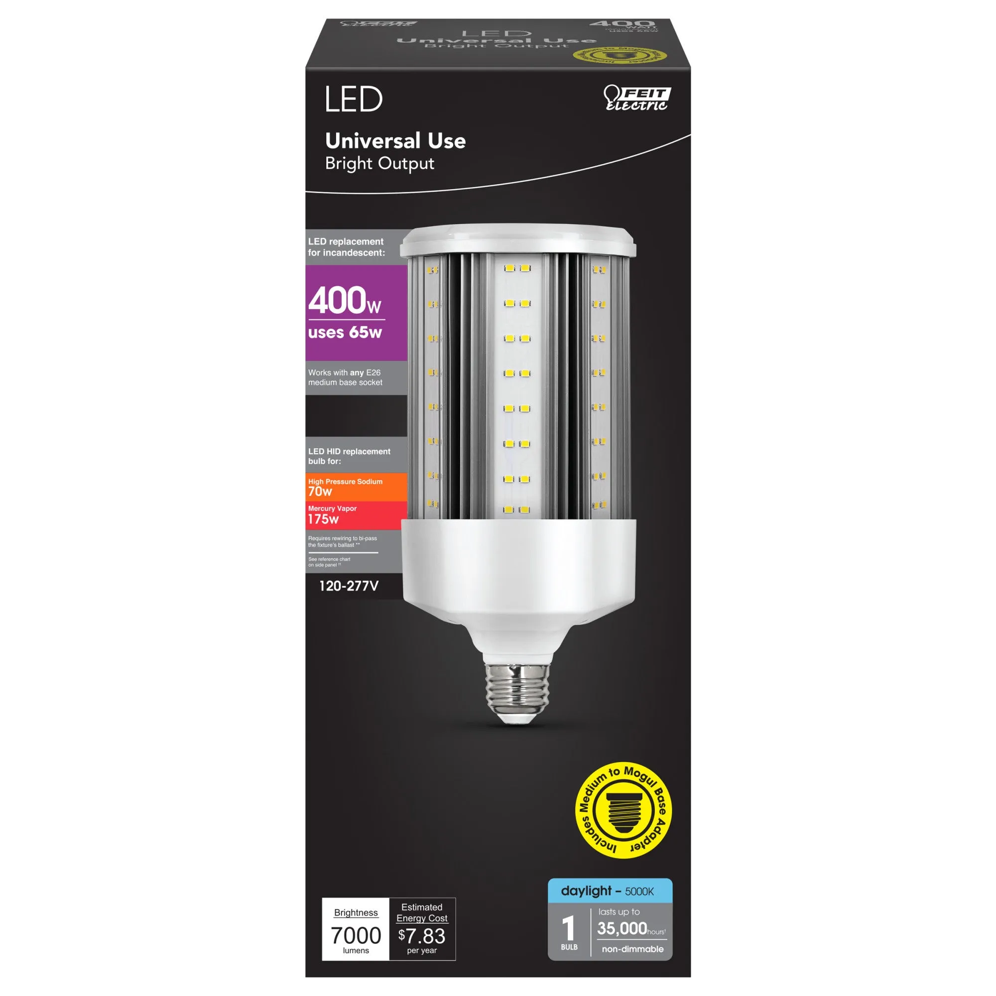 65W (400W Replacement) Daylight (5000K) Corn Cob E26 Base with E39 Mogul Adapter High Lumen HID Utility LED Light Bulb