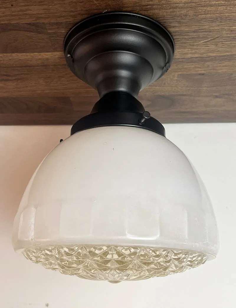 $750 PAIR - Circa 1930s Art Deco Opal Glass Shade with Prismatic Bottoms on Contemporary Satin Black Flush Mount Holders