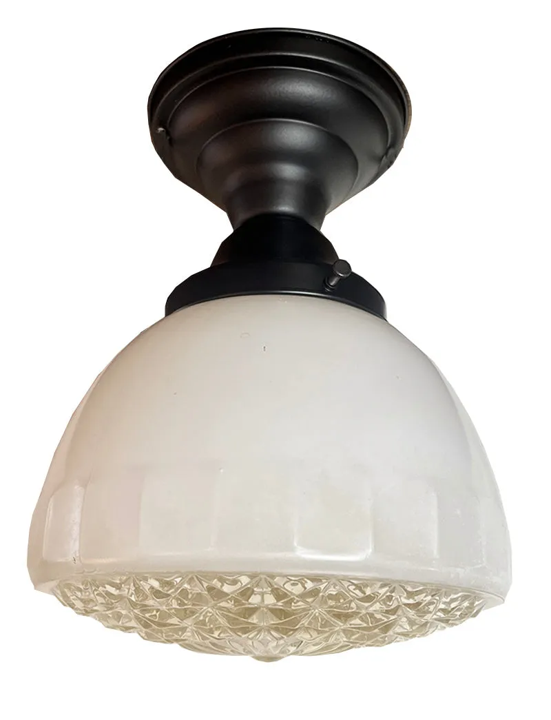 $750 PAIR - Circa 1930s Art Deco Opal Glass Shade with Prismatic Bottoms on Contemporary Satin Black Flush Mount Holders