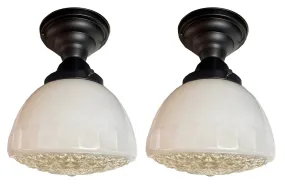 $750 PAIR - Circa 1930s Art Deco Opal Glass Shade with Prismatic Bottoms on Contemporary Satin Black Flush Mount Holders