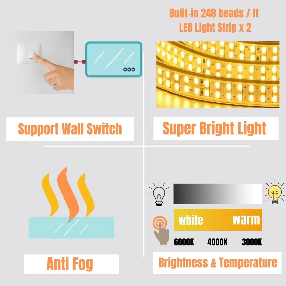 90 in. W x 48 in. H Customized LED Rectangular Frameless Anti-Fog Bathroom Mirror Front & Backlit Light(8-12 weeks)