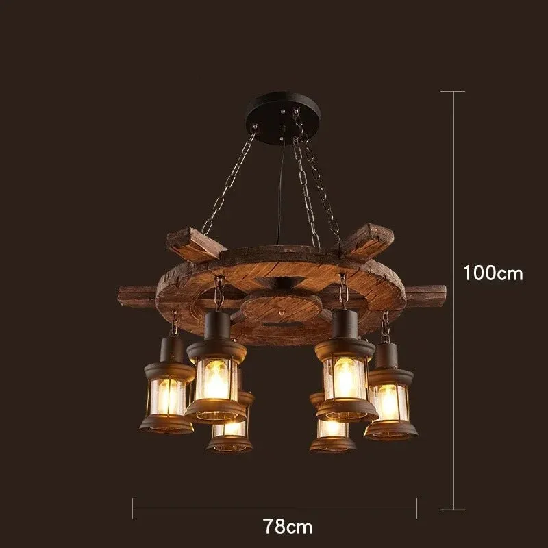 American Retro Industrial Style Chandelier Glass Solid Wood Iron Restaurant Bar Coffee Shop Boat Wood Decoration Pendent Lamp