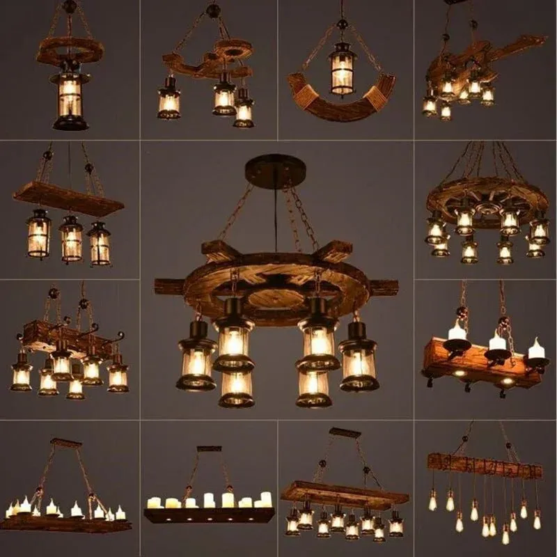 American Retro Industrial Style Chandelier Glass Solid Wood Iron Restaurant Bar Coffee Shop Boat Wood Decoration Pendent Lamp