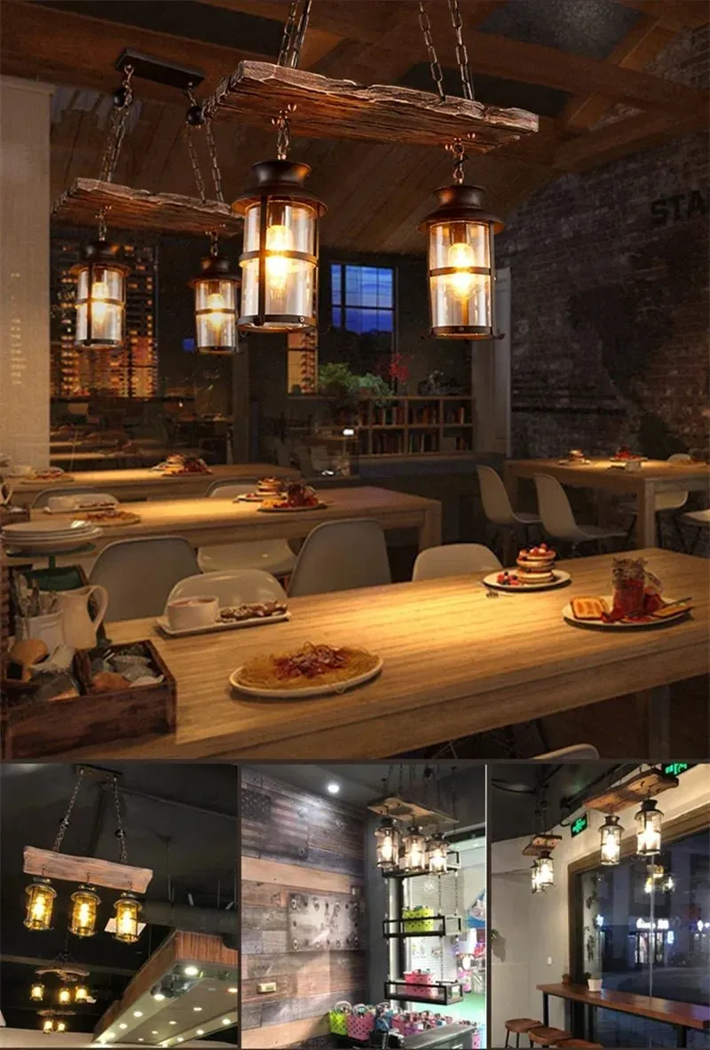 American Retro Industrial Style Chandelier Glass Solid Wood Iron Restaurant Bar Coffee Shop Boat Wood Decoration Pendent Lamp