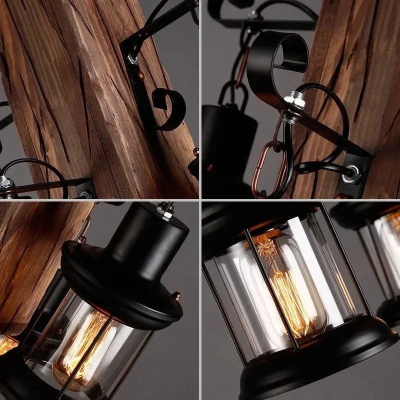 American Retro Industrial Style Chandelier Glass Solid Wood Iron Restaurant Bar Coffee Shop Boat Wood Decoration Pendent Lamp