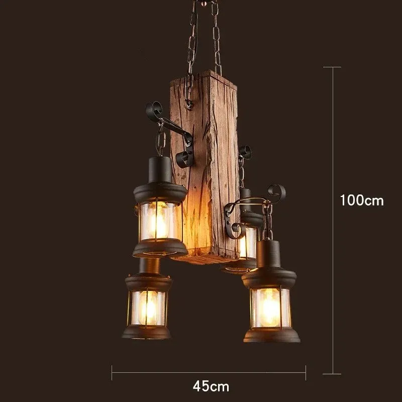American Retro Industrial Style Chandelier Glass Solid Wood Iron Restaurant Bar Coffee Shop Boat Wood Decoration Pendent Lamp