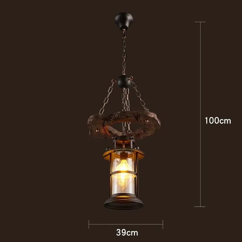 American Retro Industrial Style Chandelier Glass Solid Wood Iron Restaurant Bar Coffee Shop Boat Wood Decoration Pendent Lamp