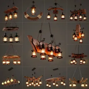 American Retro Industrial Style Chandelier Glass Solid Wood Iron Restaurant Bar Coffee Shop Boat Wood Decoration Pendent Lamp