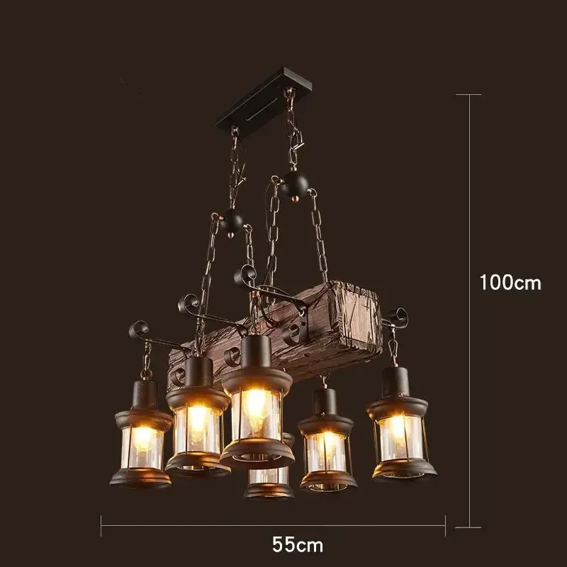 American Retro Industrial Style Chandelier Glass Solid Wood Iron Restaurant Bar Coffee Shop Boat Wood Decoration Pendent Lamp