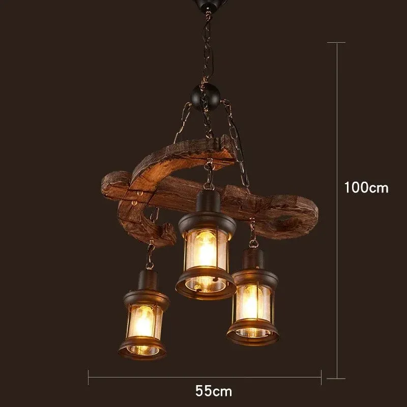 American Retro Industrial Style Chandelier Glass Solid Wood Iron Restaurant Bar Coffee Shop Boat Wood Decoration Pendent Lamp