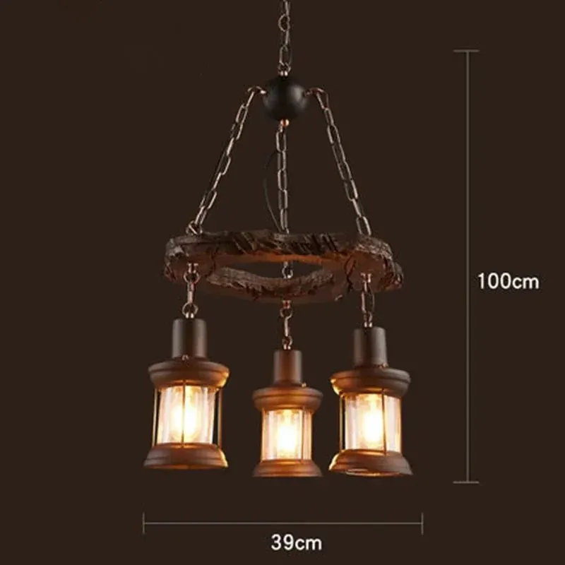 American Retro Industrial Style Chandelier Glass Solid Wood Iron Restaurant Bar Coffee Shop Boat Wood Decoration Pendent Lamp