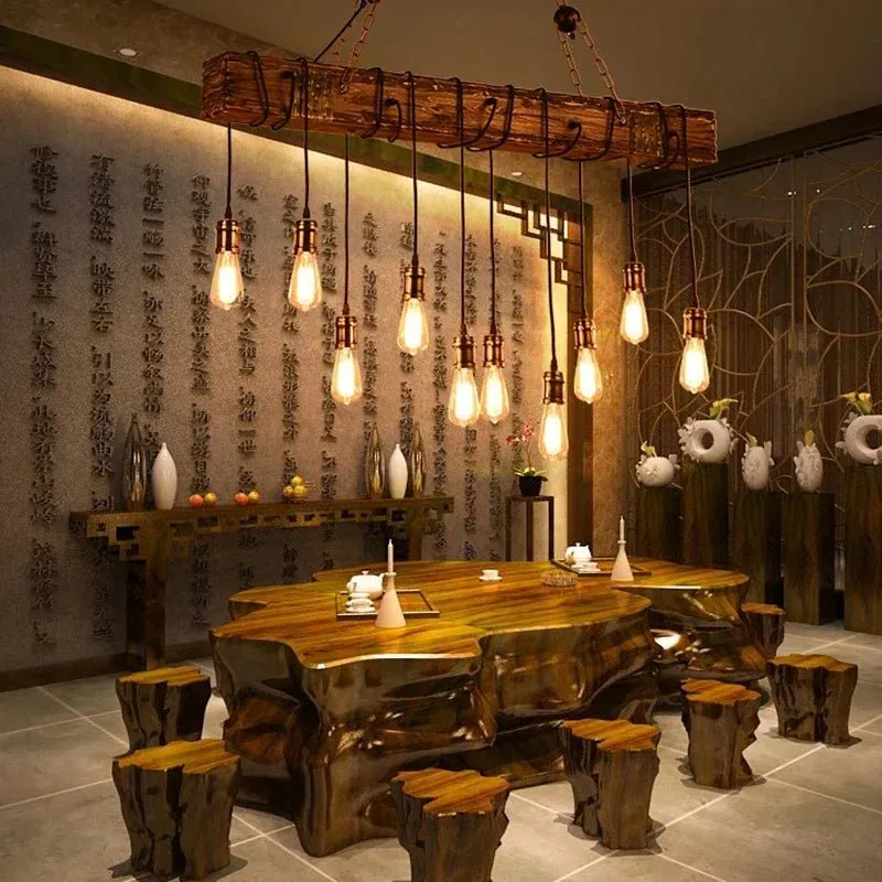 American Retro Industrial Style Chandelier Glass Solid Wood Iron Restaurant Bar Coffee Shop Boat Wood Decoration Pendent Lamp