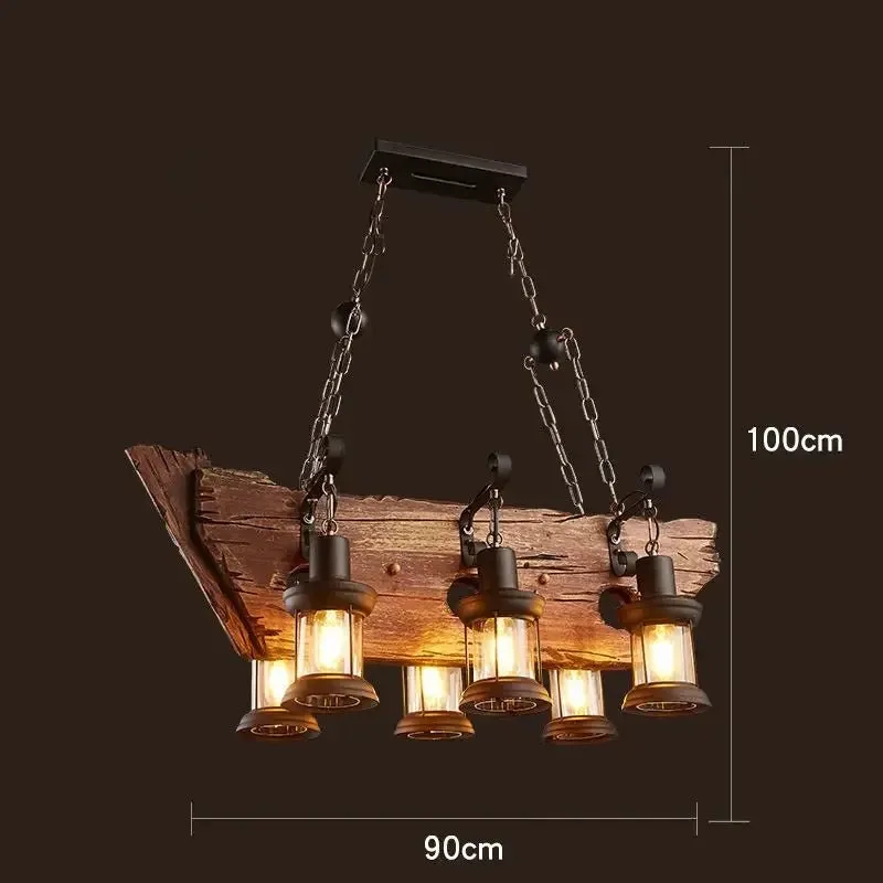 American Retro Industrial Style Chandelier Glass Solid Wood Iron Restaurant Bar Coffee Shop Boat Wood Decoration Pendent Lamp