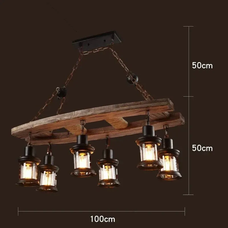 American Retro Industrial Style Chandelier Glass Solid Wood Iron Restaurant Bar Coffee Shop Boat Wood Decoration Pendent Lamp