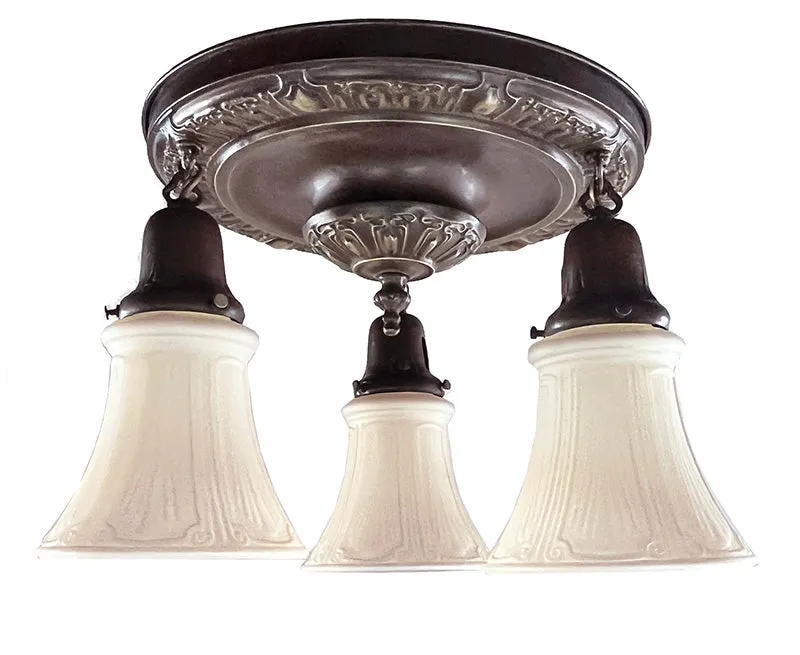 Antique Circa 1915 Three Light Embossed Art Nouveau Patterned Flush Mount