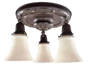 Antique Circa 1915 Three Light Embossed Art Nouveau Patterned Flush Mount