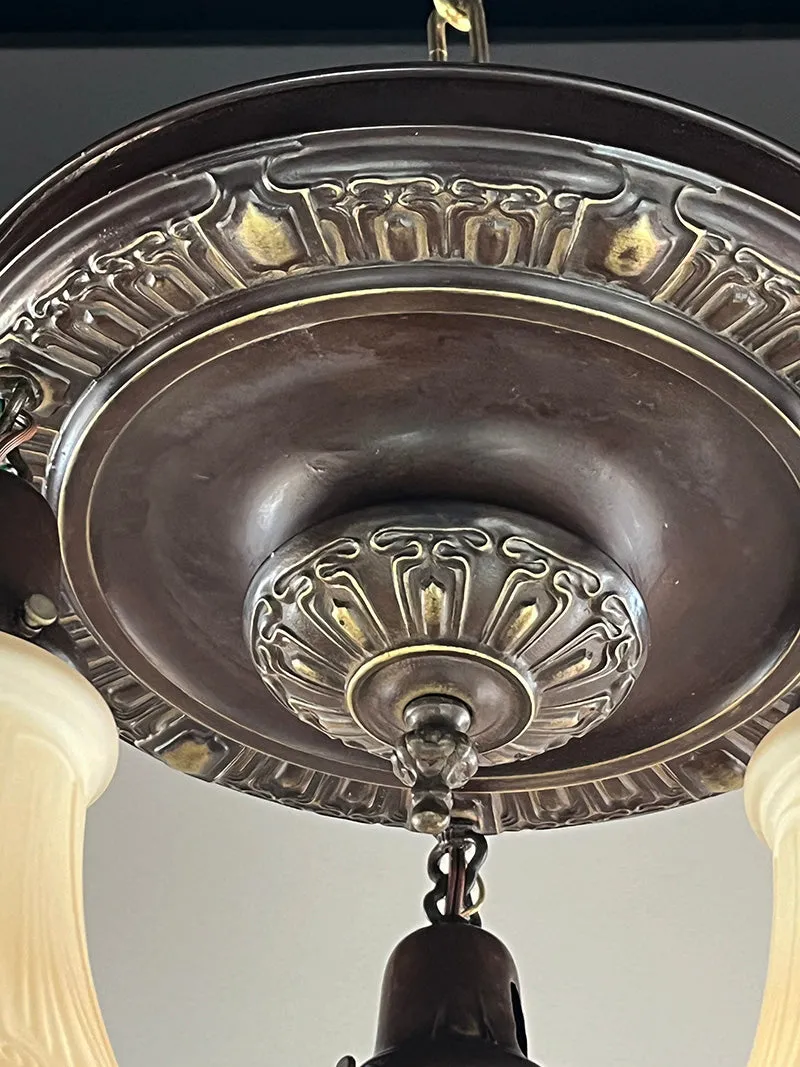 Antique Circa 1915 Three Light Embossed Art Nouveau Patterned Flush Mount