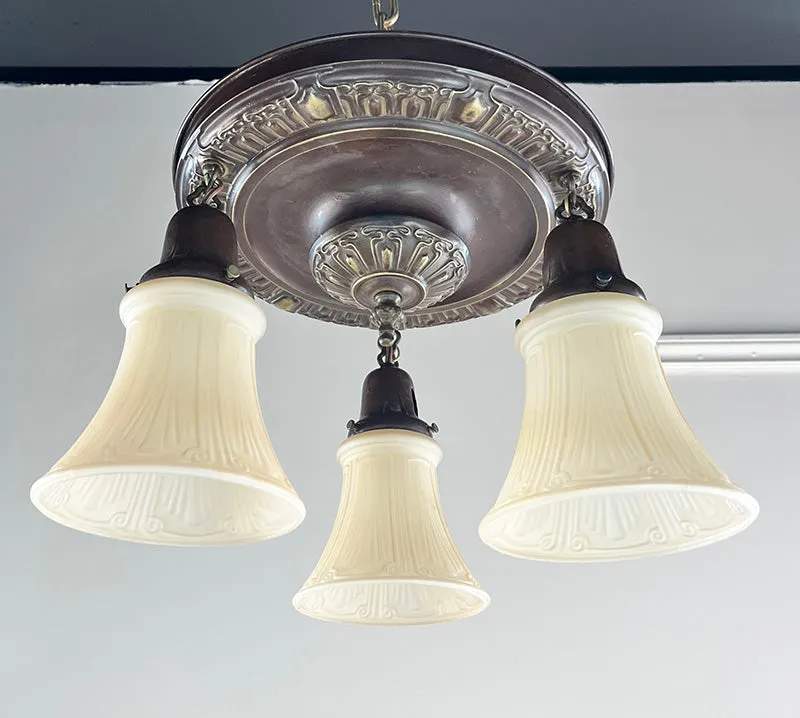 Antique Circa 1915 Three Light Embossed Art Nouveau Patterned Flush Mount