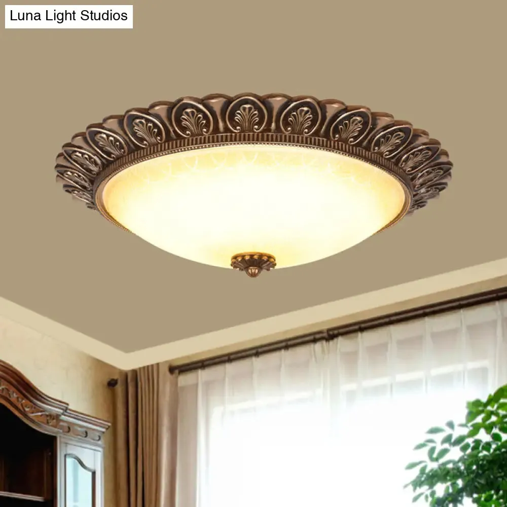 Antique Leaf-Trimmed Gold LED Flush Ceiling Light with Frosted Glass Dome - Flushmount Lighting
