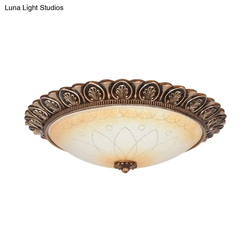 Antique Leaf-Trimmed Gold LED Flush Ceiling Light with Frosted Glass Dome - Flushmount Lighting