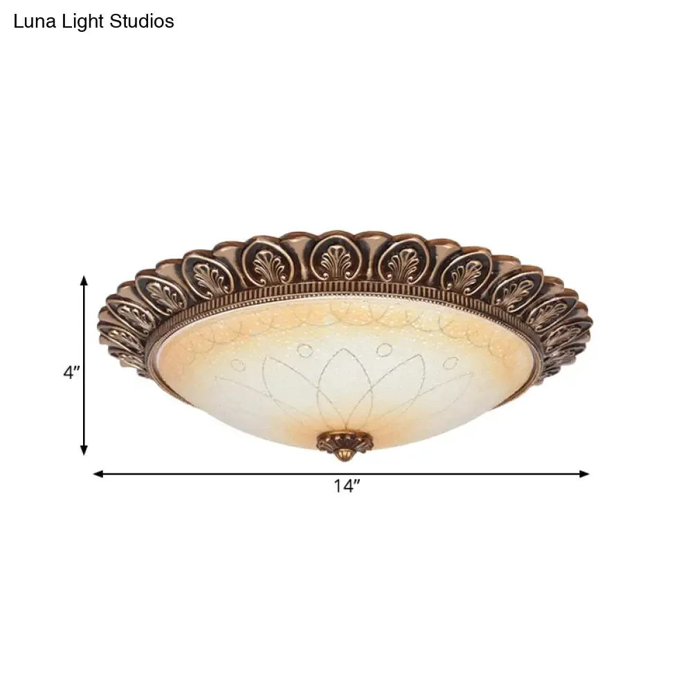 Antique Leaf-Trimmed Gold LED Flush Ceiling Light with Frosted Glass Dome - Flushmount Lighting