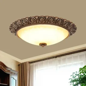 Antique Leaf-Trimmed Gold LED Flush Ceiling Light with Frosted Glass Dome - Flushmount Lighting