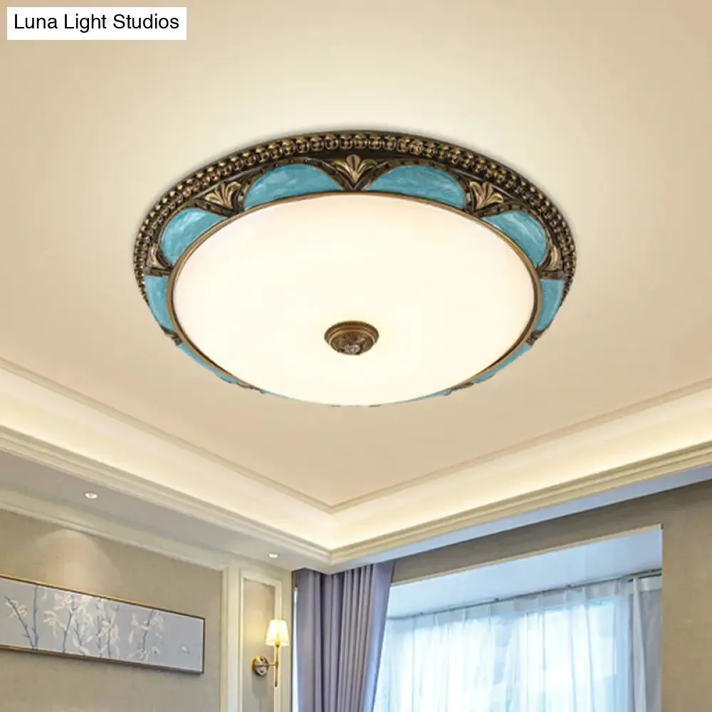 Antique-Style Blue Floral Ceiling Lamp - Cream Glass LED Bedroom Flush Mount