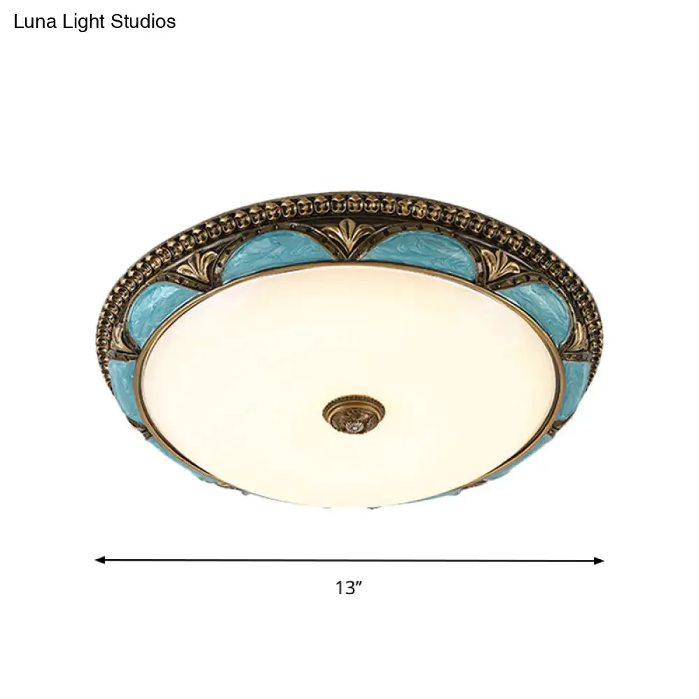 Antique-Style Blue Floral Ceiling Lamp - Cream Glass LED Bedroom Flush Mount