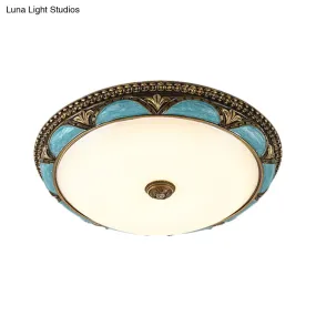 Antique-Style Blue Floral Ceiling Lamp - Cream Glass LED Bedroom Flush Mount