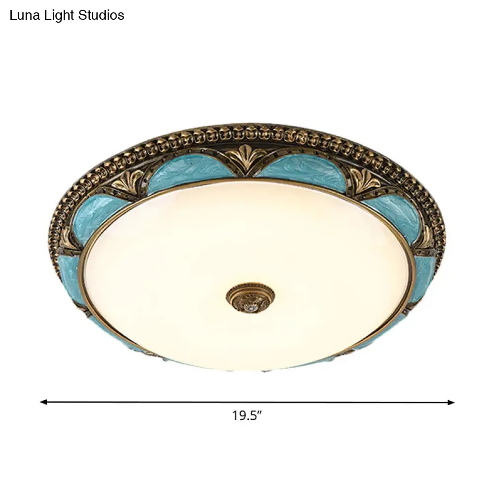 Antique-Style Blue Floral Ceiling Lamp - Cream Glass LED Bedroom Flush Mount